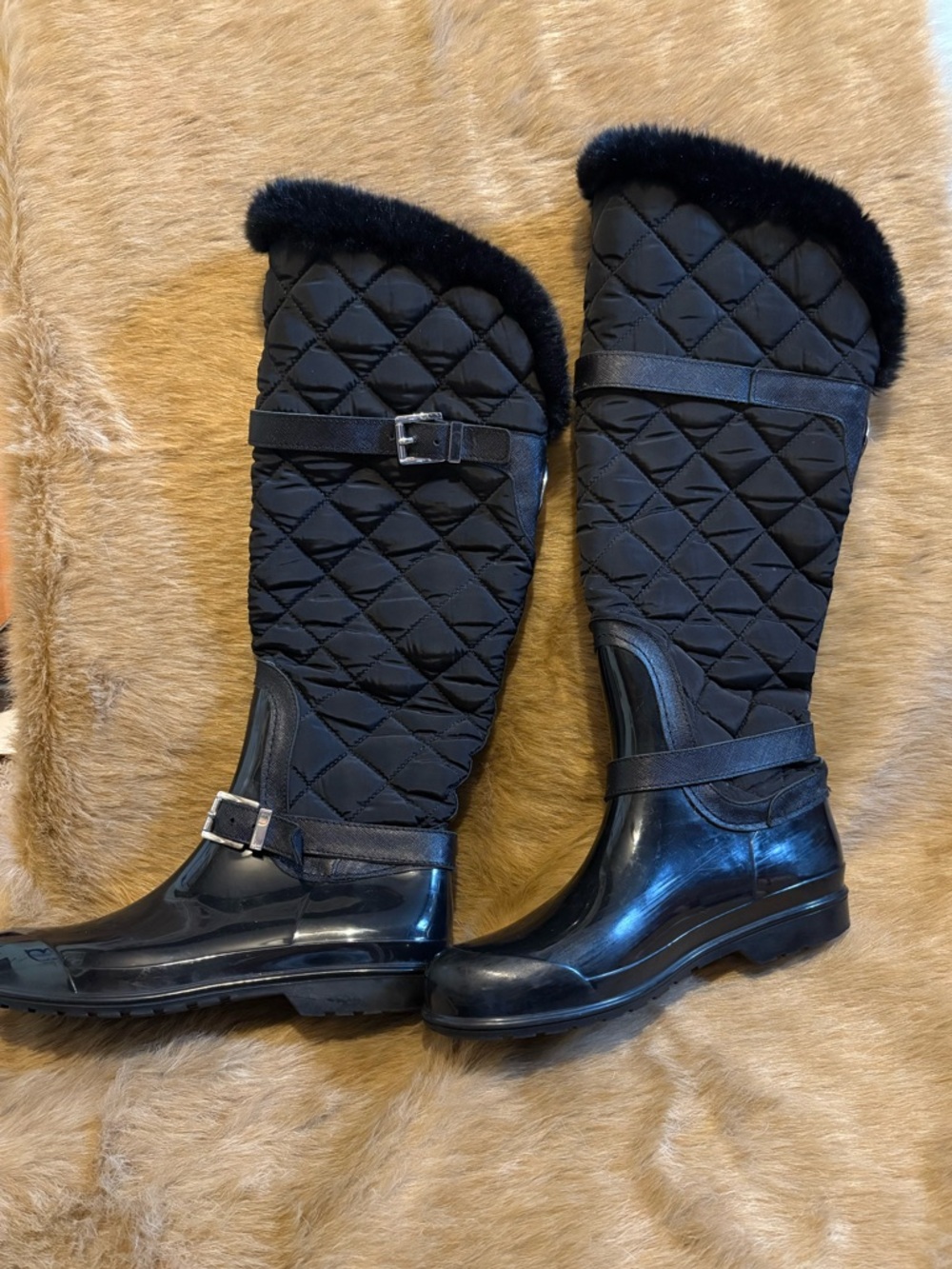 NWOT Michael Kors Black Quilted Knee-High Rain Boots with Faux Fur Trim